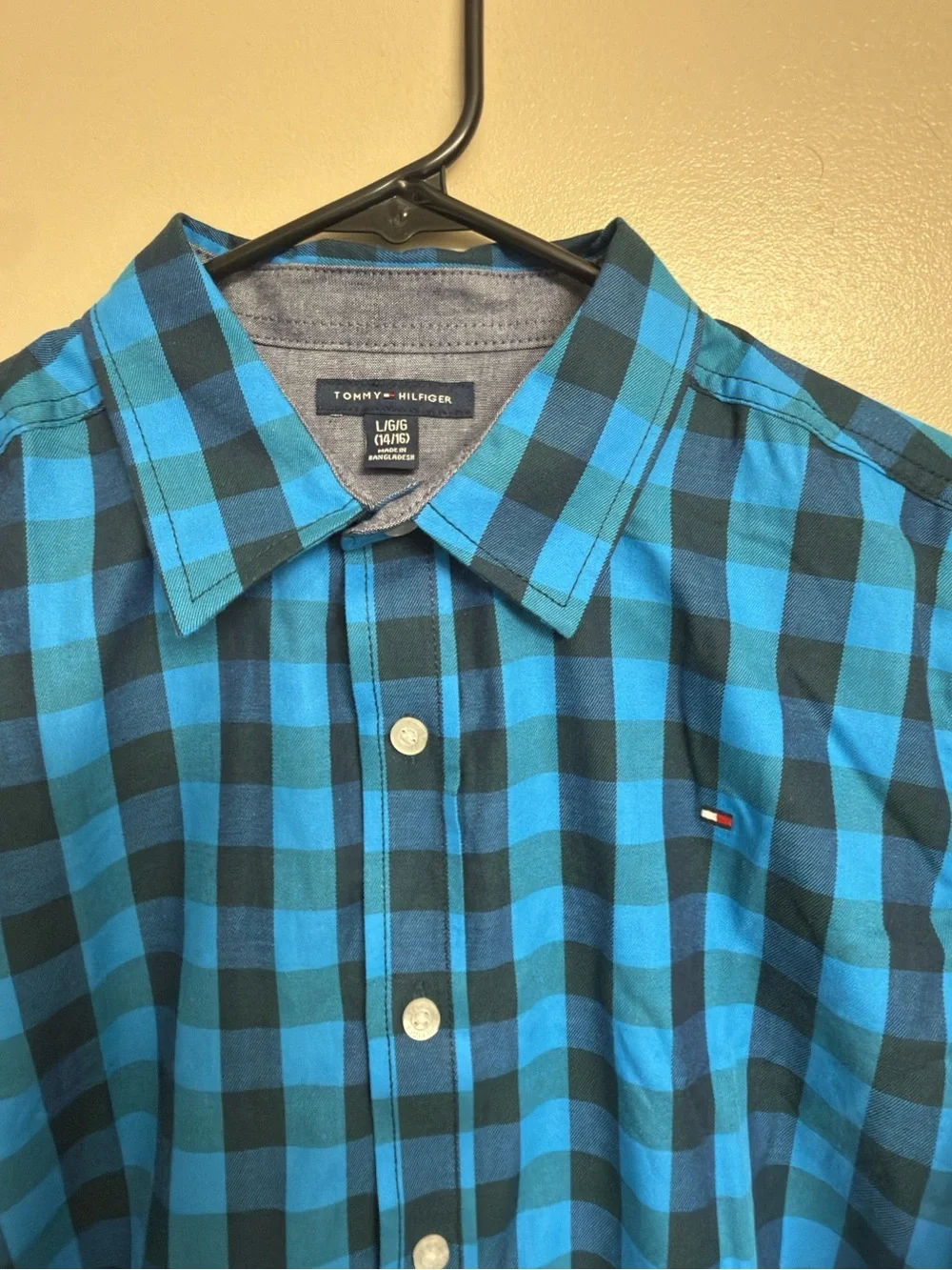 Tommy Hilfiger Boy’s Medieval Blue Twill Check Long Sleeve Button Up Shirt EUC